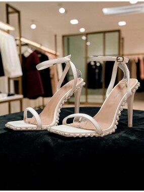 Rhinestone Embellished White High Heel Sandals With Ankle Strap & Square Toe Des